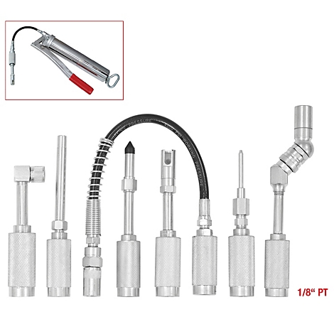 Verschiedene Metallaufsätze für eine Fettpresse, mit einer Fettpresse im Hintergrund.